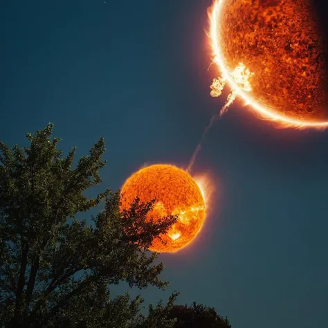 cinematic film still of  <lora:Fine art photography style:1>
Juxtaposition of a planet with a fireball in the sky,Juxtaposition,artistic,photography,dramatic light,dramatic shadow light,contrast,saturated color,cinematic,filmic,photographic,realistic,realism,perfection,perfect,Juxtaposed,opposite,different things,side by side,syncretism,antithesis,Juxtaposition style,outdoors,sky,tree,no humans,night,leaf,moon,star (sky),nature,night sky,scenery,lens flare,starry sky,sunset,sun,planet , creative, photorealism, hyperrealism, Fine art photography style, Fine art cinematic photography style, shallow depth of field, vignette, highly detailed, high budget, bokeh, cinemascope, moody, epic, gorgeous, film grain, grainy