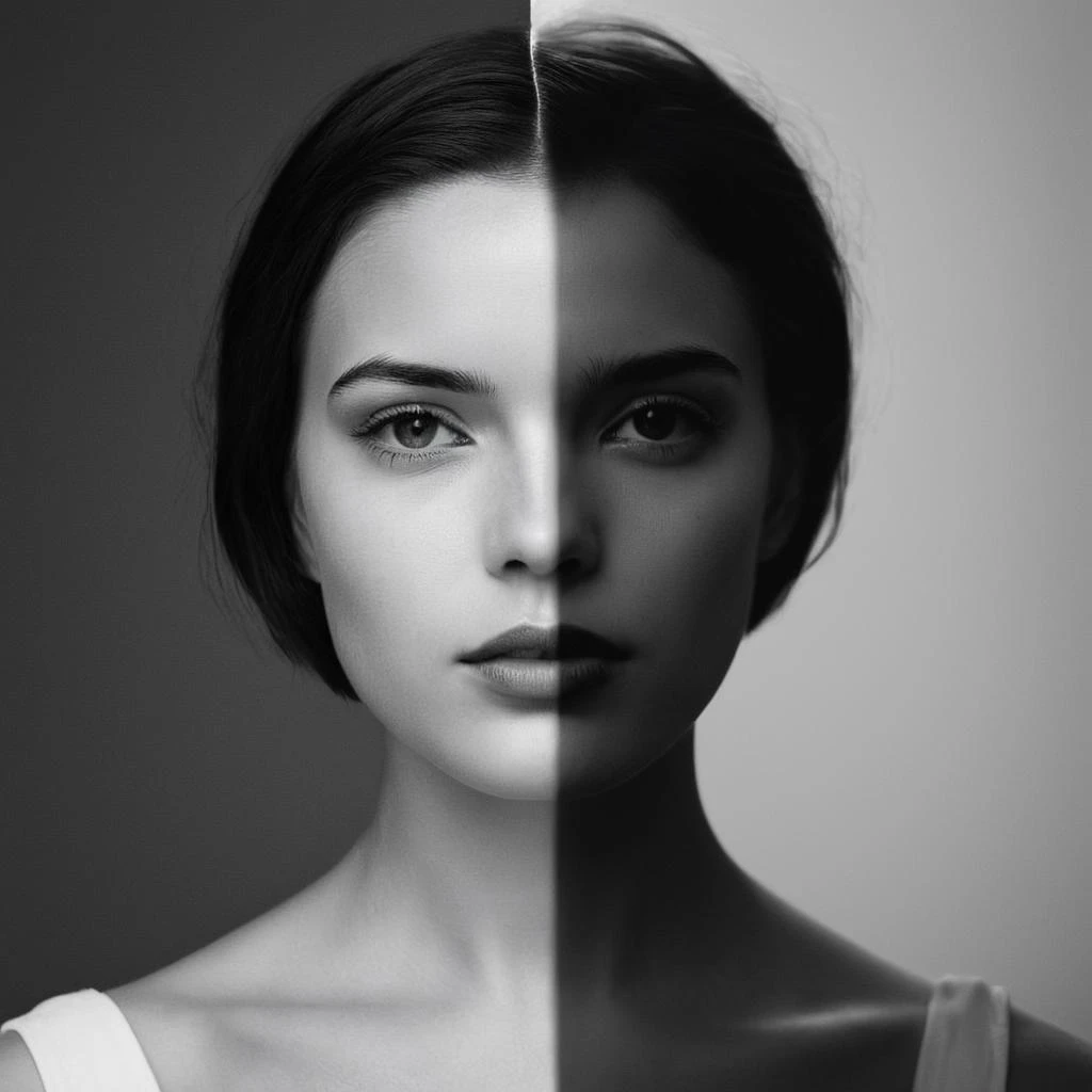 cinematic film still of <lora:Fine art photography style:1>
Juxtaposition of a woman with a half black and half white photo of her face,1girl,solo,short hair,simple background,collarbone,monochrome,upper body,greyscale,parted lips,grey background,lips,shadow Juxtaposition,artistic,photography,dramatic light,dramatic shadow light,contrast,saturated color,cinematic,filmic,photographic,realistic,realism,perfection,perfect,Juxtaposed,opposite,different things,side by side,syncretism,antithesis,Juxtaposition style,shadow , creative, photorealism, hyperrealism, Fine art photography style, Fine art cinematic photography style, shallow depth of field, vignette, highly detailed, high budget, bokeh, cinemascope, moody, epic, gorgeous, film grain, grainy