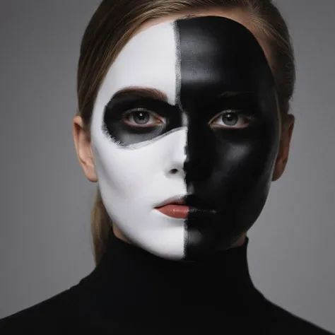 cinematic film still of <lora:Fine art photography style:1>
Juxtaposition of a white woman9 with a half black face and a black mask paint,1girl,solo,simple background,1boy,closed mouth,monochrome,greyscale,male focus,lips,looking to the side,eyelashes,facial mark,looking away,portrait,realistic Juxtaposition,artistic,photography,dramatic light,dramatic shadow light,contrast,saturated color,cinematic,filmic,photographic,realistic,realism,perfection,perfect,Juxtaposed,opposite,different things,side by side,syncretism,antithesis,Juxtaposition style , creative, photorealism, hyperrealism, Fine art photography style, Fine art cinematic photography style, shallow depth of field, vignette, highly detailed, high budget, bokeh, cinemascope, moody, epic, gorgeous, film grain, grainy