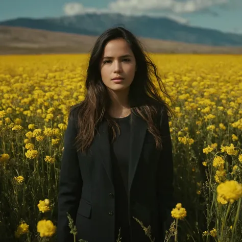 cinematic film still of <lora:Fine art photography style:1>
Juxtaposition of a woman standing in a field of yellow flowers,1girl,solo,long hair,black hair,long sleeves,jacket,flower,outdoors,sky,day,cloud,blurry,depth of field,cloudy sky,scenery,mountain,yellow flower,field,flower field Juxtaposition,artistic,photography,dramatic light,dramatic shadow light,contrast,saturated color,cinematic,filmic,photographic,realistic,realism,perfection,perfect,Juxtaposed,opposite,different things,side by side,syncretism,antithesis,Juxtaposition style,flower field , creative, photorealism, hyperrealism, Fine art photography style, Fine art cinematic photography style, shallow depth of field, vignette, highly detailed, high budget, bokeh, cinemascope, moody, epic, gorgeous, film grain, grainy
