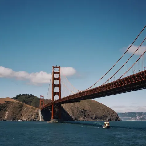 cinematic film still of  <lora:Fine art photography style:1>
Juxtaposition of a large san francisco bridge spanning the width of a body of blue water,outdoors,sky,day,cloud,water,blue sky,no humans,ocean,scenery,mountain,railing,horizon,watercraft,bridge,lake,dock Juxtaposition,artistic,photography,dramatic light,dramatic shadow light,contrast,saturated color,cinematic,filmic,photographic,realistic,realism,perfection,perfect,Juxtaposed,opposite,different things,side by side,syncretism,antithesis,Juxtaposition style,dock , creative, photorealism, hyperrealism, Fine art photography style, Fine art cinematic photography style, shallow depth of field, vignette, highly detailed, high budget, bokeh, cinemascope, moody, epic, gorgeous, film grain, grainy