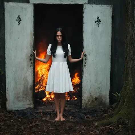 Horror-themed, <lora:Fine art photography style:1>
Juxtaposition of a horror themed woman standing in front of a door with fire coming out of it in jungle forest field,Juxtaposition,artistic,photography,dramatic light,dramatic shadow light,contrast,saturated color,cinematic,filmic,photographic,realistic,realism,perfection,perfect,Juxtaposed,opposite,different things,side by side,syncretism,antithesis,Juxtaposition style,1girl,solo,long hair,looking at viewer,black hair,dress,standing,full body,short sleeves,outdoors,barefoot,white dress,tree,fire,nature,forest,arms at sides,horror (theme),burning , creative, photorealism, hyperrealism, Fine art photography style, Fine art cinematic photography style, Eerie, unsettling, dark, spooky, suspenseful, grim, highly detailed