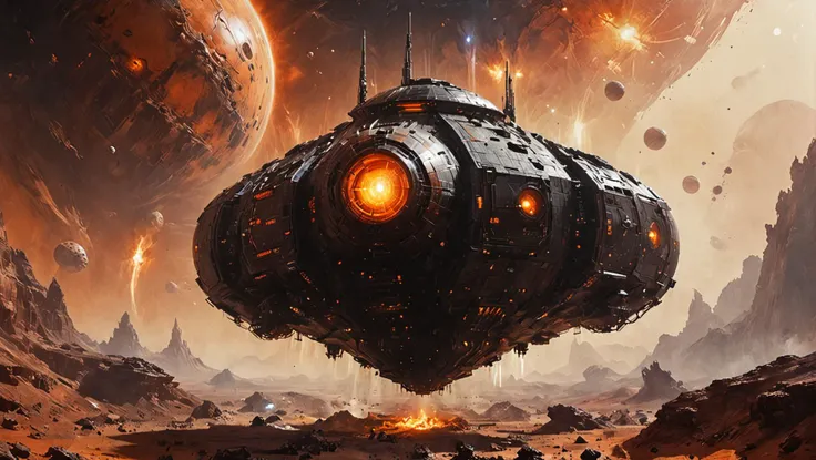 giant futuristic dark spaceship orbiting a red planet, orange theme , creative, photorealism, hyperrealism, Fine art photography style, Fine art cinematic photography style, shallow depth of field, vignette, highly detailed, high budget, bokeh, cinemascope, moody, epic, gorgeous, film grain, grainy
 <lora:Desolation:0.3> <lora:Fine art photography style:0.7>  <lora:Digital Art Style SDXL_LoRA_Pony Diffusion V6 XL:1>