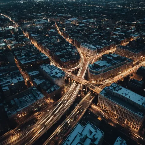 cinematic film still of <lora:Fine art photography style:1>
From above,Juxtaposition of an epic highlighted city intersection with multiple lanes and a highway,outdoors,sky,no humans,night,building,scenery,science fiction,city,road,cityscape,bridge,skyscraper,city lights,real world location Juxtaposition,artistic,photography,dramatic light,dramatic shadow light,contrast,saturated color,cinematic,filmic,photographic,realistic,realism,perfection,perfect,Juxtaposed,opposite,different things,side by side,syncretism,antithesis,Juxtaposition style,real world location , creative, photorealism, hyperrealism, Fine art photography style, Fine art cinematic photography style, shallow depth of field, vignette, highly detailed, high budget, bokeh, cinemascope, moody, epic, gorgeous, film grain, grainy