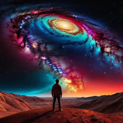 Dark Fantasy Art of <lora:Fine art photography style:1>
Juxtaposition of a man from behind standing on a red planet with a colorful galaxy in the background,1boy,standing,sky,cloud,night,star (sky),night sky,scenery,starry sky,space,planet,galaxy Juxtaposition,artistic,photography,dramatic light,dramatic shadow light,contrast,saturated color,cinematic,filmic,photographic,realistic,realism,perfection,perfect,Juxtaposed,opposite,different things,side by side,syncretism,antithesis,Juxtaposition style,galaxy , creative, photorealism, hyperrealism, Fine art photography style, Fine art cinematic photography style, dark, moody, dark fantasy style