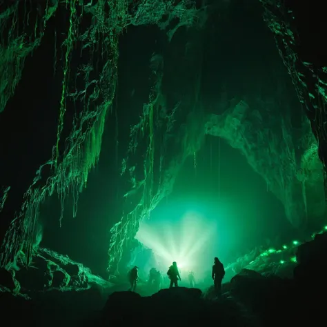 cinematic film still of  <lora:Fine art photography style:1>
From below,Juxtaposition of a cave with a bunch of green lights,monochrome,no humans,scenery,blue theme,fantasy,cave Juxtaposition,artistic,photography,dramatic light,dramatic shadow light,contrast,saturated color,cinematic,filmic,photographic,realistic,realism,perfection,perfect,Juxtaposed,opposite,different things,side by side,syncretism,antithesis,Juxtaposition style,cave , creative, photorealism, hyperrealism, Fine art photography style, Fine art cinematic photography style, shallow depth of field, vignette, highly detailed, high budget, bokeh, cinemascope, moody, epic, gorgeous, film grain, grainy