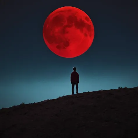 cinematic film still of <lora:Fine art photography style:1>
Juxtaposition of a man standing on a hill looking at a red moon,Juxtaposition,artistic,photography,dramatic light,dramatic shadow light,contrast,saturated color,cinematic,filmic,photographic,realistic,realism,perfection,perfect,Juxtaposed,opposite,different things,side by side,syncretism,antithesis,Juxtaposition style,solo,1boy,standing,monochrome,greyscale,male focus,outdoors,sky,cloud,night,moon,star (sky),night sky,scenery,full moon,starry sky,spot color,silhouette,red moon , creative, photorealism, hyperrealism, Fine art photography style, Fine art cinematic photography style, shallow depth of field, vignette, highly detailed, high budget, bokeh, cinemascope, moody, epic, gorgeous, film grain, grainy
