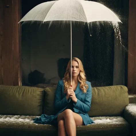 cinematic film still of Juxtaposition of a woman sitting on a couch holding an umbrella with foamy cloud rain above,1girl,solo,long hair,blonde hair,sitting,indoors,window,umbrella,couch,rain,realistic,ruins Juxtaposition,artistic,photography,dramatic light,dramatic shadow light,contrast,saturated color,cinematic,filmic,photographic,realistic,realism,perfection,perfect,Juxtaposed,opposite,different things,side by side,syncretism,antithesis,Juxtaposition style,ruins , creative, photorealism, hyperrealism, Fine art photography style, Fine art cinematic photography style, shallow depth of field, vignette, highly detailed, high budget, bokeh, cinemascope, moody, epic, gorgeous, film grain, grainy