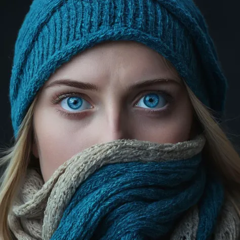 Horror-themed, <lora:Fine art photography style:1>
Closeup,Juxtaposition of a woman with blue eyes and a scarf covering her face,1girl,solo,looking at viewer,blue eyes,1boy,hat,male focus,close-up,realistic,eye focus Juxtaposition,artistic,photography,dramatic light,dramatic shadow light,contrast,saturated color,cinematic,filmic,photographic,realistic,realism,perfection,perfect,Juxtaposed,opposite,different things,side by side,syncretism,antithesis,Juxtaposition style,eye focus , creative, photorealism, hyperrealism, Fine art photography style, Fine art cinematic photography style, Eerie, unsettling, dark, spooky, suspenseful, grim, highly detailed