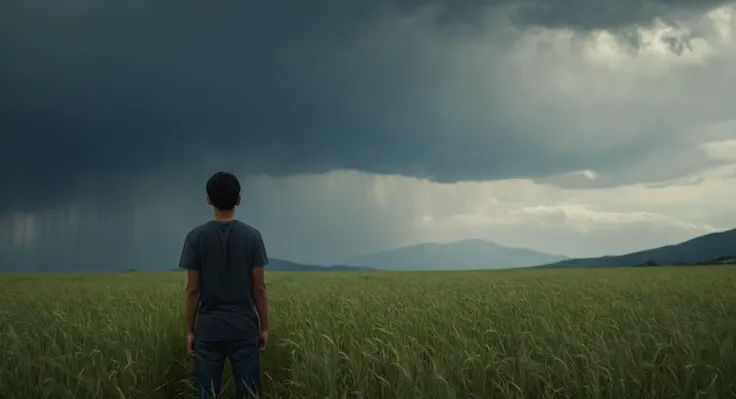 cinematic film still of <lora:Fine art photography style:1>
Juxtaposition of a man from behind standing in a field with a dark sky,solo,black hair,1boy,standing,male focus,outdoors,sky,cloud,from behind,cloudy sky,grass,scenery,mountain,arms at sides,dark,field,mountainous horizon Juxtaposition,artistic,photography,dramatic light,dramatic shadow light,contrast,saturated color,cinematic,filmic,photographic,realistic,realism,perfection,perfect,Juxtaposed,opposite,different things,side by side,syncretism,antithesis,Juxtaposition style,mountainous horizon , creative, photorealism, hyperrealism, Fine art photography style, Fine art cinematic photography style, shallow depth of field, vignette, highly detailed, high budget, bokeh, cinemascope, moody, epic, gorgeous, film grain, grainy