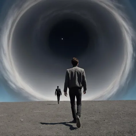 cinematic film still of <lora:Fine art photography style:1>
Juxtaposition of a man walking across a black hole in the sky,solo,short hair,simple background,black hair,long sleeves,1boy,standing,jacket,male focus,shoes,pants,grey background,from behind,black footwear,black jacket,black pants,formal,suit,arms at sides,facing away,wide shot,symbolism Juxtaposition,artistic,photography,dramatic light,dramatic shadow light,contrast,saturated color,cinematic,filmic,photographic,realistic,realism,perfection,perfect,Juxtaposed,opposite,different things,side by side,syncretism,antithesis,Juxtaposition style,symbolism , creative, photorealism, hyperrealism, Fine art photography style, Fine art cinematic photography style, shallow depth of field, vignette, highly detailed, high budget, bokeh, cinemascope, moody, epic, gorgeous, film grain, grainy