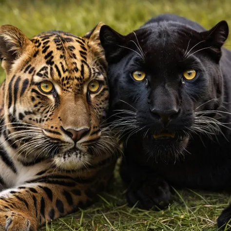 cinematic film still of  <lora:Fine art photography style:1>
Juxtaposition of a cinematic image of leopard and a black panther are laying together,looking at viewer,simple background,yellow eyes,no humans,animal,cat,black background,realistic,animal focus,whiskers,tiger Juxtaposition,artistic,photography,dramatic light,dramatic shadow light,contrast,saturated color,cinematic,filmic,photographic,realistic,realism,perfection,perfect,Juxtaposed,opposite,different things,side by side,syncretism,antithesis,Juxtaposition style,tiger , creative, photorealism, hyperrealism, Fine art photography style, Fine art cinematic photography style, shallow depth of field, vignette, highly detailed, high budget, bokeh, cinemascope, moody, epic, gorgeous, film grain, grainy