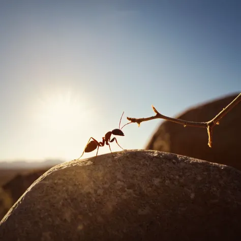 cinematic film still of <lora:Fine art photography style:1>
Juxtaposition of a small ant carrying a branch on top of a rock with sun in backgroun,1girl,solo,sun,desert Juxtaposition,artistic,photography,dramatic light,dramatic shadow light,contrast,saturated color,cinematic,filmic,photographic,realistic,realism,perfection,perfect,Juxtaposed,opposite,different things,side by side,syncretism,antithesis,Juxtaposition style,desert , creative, photorealism, hyperrealism, Fine art photography style, Fine art cinematic photography style, shallow depth of field, vignette, highly detailed, high budget, bokeh, cinemascope, moody, epic, gorgeous, film grain, grainy