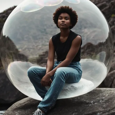 cinematic film still of <lora:Juxtaposition style:1>
Juxtaposition of a woman in a bubble sitting on a rock,solo,1boy,standing,monochrome,greyscale,female focus,pants,dark skin,reflection,hand in pocket Juxtaposition, artistic, photography, dramatic light, dramatic shadow light, contrast, saturated color, cinematic, filmic, photographic, realistic, realism, perfection, perfect, Juxtaposed, opposite, different things, side by side, syncretism, antithesis, Juxtaposition style, shallow depth of field, vignette, highly detailed, high budget, bokeh, cinemascope, moody, epic, gorgeous, film grain, grainy