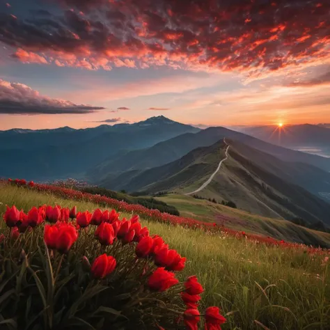 cinematic film still of <lora:Juxtaposition style:1>
Juxtaposition of a mountain view with a valley in the distance,flower,outdoors,sky,cloud,tree,no humans,cloudy sky,grass,red flower,nature,scenery,sunset,mountain,landscape Juxtaposition, artistic, photography, dramatic light, dramatic shadow light, contrast, saturated color, cinematic, filmic, photographic, realistic, realism, perfection, perfect, Juxtaposed, opposite, different things, side by side, syncretism, antithesis, Juxtaposition style, shallow depth of field, vignette, highly detailed, high budget, bokeh, cinemascope, moody, epic, gorgeous, film grain, grainy