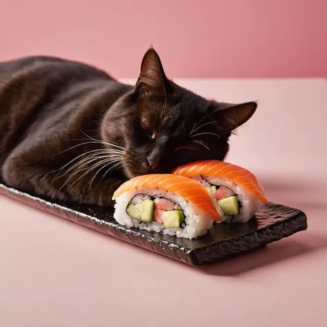 cinematic film still of <lora:Juxtaposition style:1>
Juxtaposition of a cat is sleeping on a sushi roll,simple background,closed eyes,lying,food,no humans,animal,cat,pink background,sleeping,realistic,animal focus,food focus,sushi,makizushi Juxtaposition, artistic, photography, dramatic light, dramatic shadow light, contrast, saturated color, cinematic, filmic, photographic, realistic, realism, perfection, perfect, Juxtaposed, opposite, different things, side by side, syncretism, antithesis, Juxtaposition style, shallow depth of field, vignette, highly detailed, high budget, bokeh, cinemascope, moody, epic, gorgeous, film grain, grainy