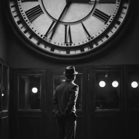 cinematic film still of <lora:Fine art photography style:1>
Juxtaposition of a spy man in a hat and suit standing in front of a large clock,solo,gloves,1boy,hat,standing,jacket,monochrome,greyscale,male focus,multiple boys,pants,indoors,from behind,window,formal,suit,top hat Juxtaposition,artistic,photography,dramatic light,dramatic shadow light,contrast,saturated color,cinematic,filmic,photographic,realistic,realism,perfection,perfect,Juxtaposed,opposite,different things,side by side,syncretism,antithesis,Juxtaposition style,top hat , creative, photorealism, hyperrealism, Fine art photography style, Fine art cinematic photography style, shallow depth of field, vignette, highly detailed, high budget, bokeh, cinemascope, moody, epic, gorgeous, film grain, grainy