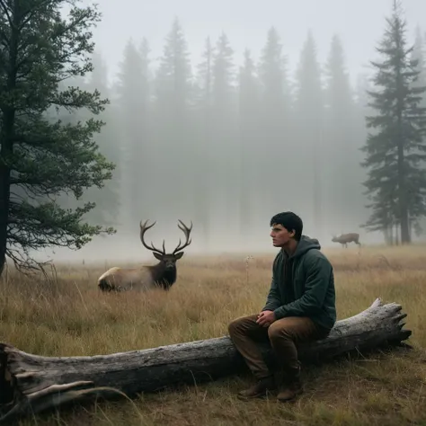 cinematic film still of <lora:Juxtaposition style:1>
Juxtaposition of a man sitting on a log in a foggy field with an elk in background,solo,short hair,black hair,1boy,sitting,male focus,outdoors,pants,tree,grass,scenery,antlers Juxtaposition, artistic, photography, dramatic light, dramatic shadow light, contrast, saturated color, cinematic, filmic, photographic, realistic, realism, perfection, perfect, Juxtaposed, opposite, different things, side by side, syncretism, antithesis, Juxtaposition style, shallow depth of field, vignette, highly detailed, high budget, bokeh, cinemascope, moody, epic, gorgeous, film grain, grainy