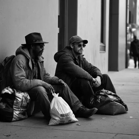 UHD, 4k, ultra detailed, cinematic, a photograph of <lora:Juxtaposition style:1>
Juxtaposition of a homeless man sitting on the sidewalk next to a woman,hat,holding,monochrome,greyscale,male focus,multiple boys,2boys,bag,sunglasses,realistic,holding bag,bald,trash bag Juxtaposition, artistic, photography, dramatic light, dramatic shadow light, contrast, saturated color, cinematic, filmic, photographic, realistic, realism, perfection, perfect, Juxtaposed, opposite, different things, side by side, syncretism, antithesis, Juxtaposition style, epic, beautiful lighting, inpsiring