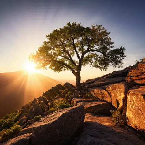 UHD, 4k, ultra detailed, cinematic, a photograph of <lora:Juxtaposition style:1>
Juxtaposition of a tree on a rocky hill with a sunbeam,outdoors,tree,no humans,sunlight,nature,scenery,lens flare,sunset,rock,sun,light Juxtaposition, artistic, photography, dramatic light, dramatic shadow light, contrast, saturated color, cinematic, filmic, photographic, realistic, realism, perfection, perfect, Juxtaposed, opposite, different things, side by side, syncretism, antithesis, Juxtaposition style, epic, beautiful lighting, inpsiring