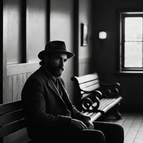 cinematic film still of <lora:Juxtaposition style:1>
Juxtaposition of a man sitting on a bench in a room,1boy,hat,sitting,monochrome,greyscale,male focus,indoors,facial hair,beard,old,old man Juxtaposition, artistic, photography, dramatic light, dramatic shadow light, contrast, saturated color, cinematic, filmic, photographic, realistic, realism, perfection, perfect, Juxtaposed, opposite, different things, side by side, syncretism, antithesis, Juxtaposition style, shallow depth of field, vignette, highly detailed, high budget, bokeh, cinemascope, moody, epic, gorgeous, film grain, grainy