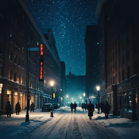 cinematic film still of <lora:Juxtaposition style:1>
Juxtaposition of a snowy street at night with a lot of people walking on it,outdoors,sky,no humans,night,ground vehicle,building,star (sky),night sky,scenery,starry sky,city,sign,road,lamppost,street,road sign,crosswalk Juxtaposition, artistic, photography, dramatic light, dramatic shadow light, contrast, saturated color, cinematic, filmic, photographic, realistic, realism, perfection, perfect, Juxtaposed, opposite, different things, side by side, syncretism, antithesis, Juxtaposition style, shallow depth of field, vignette, highly detailed, high budget, bokeh, cinemascope, moody, epic, gorgeous, film grain, grainy