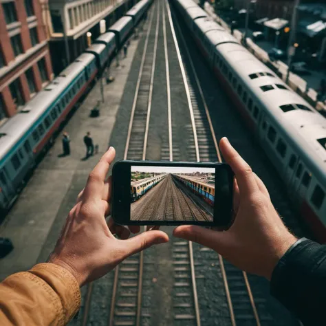 cinematic film still of  <lora:Juxtaposition style:1>
From above, Juxtaposition of a person holding a cell phone in their hand,holding,outdoors,no humans,pov,phone,cellphone,ground vehicle,building,scenery,motor vehicle,smartphone,city,realistic,car,road,cityscape,street,photo background,train,train station,railroad tracks,real world location Juxtaposition, artistic, photography, dramatic light, dramatic shadow light, contrast, saturated color, cinematic, filmic, photographic, realistic, realism, perfection, perfect, Juxtaposed, opposite, different things, side by side, syncretism, antithesis, Juxtaposition style, shallow depth of field, vignette, highly detailed, high budget, bokeh, cinemascope, moody, epic, gorgeous, film grain, grainy