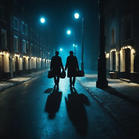 cinematic film still of <lora:Juxtaposition style:1>
Juxtaposition of a couple from behind walking down a street at night,hat,monochrome,multiple boys,2boys,bag,coat,night,scenery,blue theme,light,road,dark,lamppost,street,cane,lights Juxtaposition, artistic, photography, dramatic light, dramatic shadow light, contrast, saturated color, cinematic, filmic, photographic, realistic, realism, perfection, perfect, Juxtaposed, opposite, different things, side by side, syncretism, antithesis, Juxtaposition style, shallow depth of field, vignette, highly detailed, high budget, bokeh, cinemascope, moody, epic, gorgeous, film grain, grainy