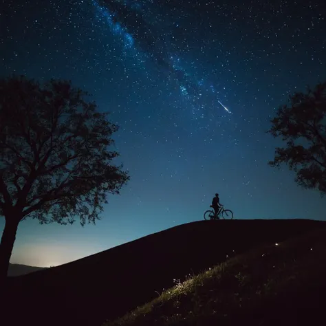 cinematic film still of <lora:Juxtaposition style:1>
Juxtaposition of a person standing on a hill looking at the shooting stars,solo,1boy,sitting,outdoors,sky,tree,night,ground vehicle,star (sky),night sky,scenery,starry sky,riding,dark,bicycle Juxtaposition, artistic, photography, dramatic light, dramatic shadow light, contrast, saturated color, cinematic, filmic, photographic, realistic, realism, perfection, perfect, Juxtaposed, opposite, different things, side by side, syncretism, antithesis, Juxtaposition style, shallow depth of field, vignette, highly detailed, high budget, bokeh, cinemascope, moody, epic, gorgeous, film grain, grainy