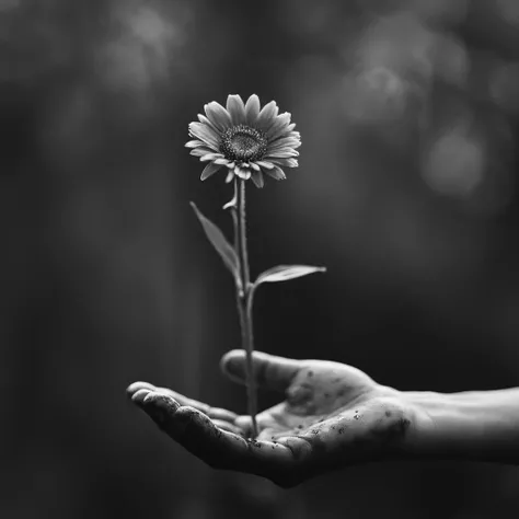 cinematic film still of <lora:Juxtaposition style:1>
From above, Juxtaposition of a dirty hand with a flower on it,solo,monochrome,flower,greyscale,blurry,depth of field,blurry background Juxtaposition, artistic, photography, dramatic light, dramatic shadow light, contrast, saturated color, cinematic, filmic, photographic, realistic, realism, perfection, perfect, Juxtaposed, opposite, different things, side by side, syncretism, antithesis, Juxtaposition style, shallow depth of field, vignette, highly detailed, high budget, bokeh, cinemascope, moody, epic, gorgeous, film grain, grainy