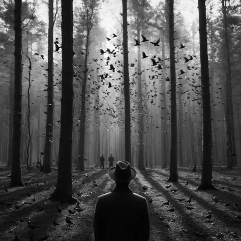 UHD, 4k, ultra detailed, cinematic, a photograph of <lora:Juxtaposition style:1>
Juxtaposition of a man from behindstanding in a forest with lots of birds flying around him,solo,1boy,hat,monochrome,greyscale,male focus,from behind,bird Juxtaposition, artistic, photography, dramatic light, dramatic shadow light, contrast, saturated color, cinematic, filmic, photographic, realistic, realism, perfection, perfect, Juxtaposed, opposite, different things, side by side, syncretism, antithesis, Juxtaposition style, epic, beautiful lighting, inpsiring