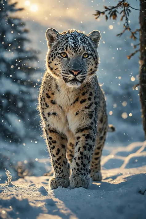 (((masterpiece))),(((best quality))), A majestic snow leopard strides gracefully across a pristine snowy landscape, its fur glistening in the soft moonlight. The scene is captured in a ((Cinematic Still-Shot)), emphasizing the silent, powerful grace of the animal. The image is rendered in the style of a ((Digital Painting)), with ((hyperrealistic details)), including the intricate patterns of the leopard's fur and the sparkling snowflakes. The mood is serene and ((awe-inspiring)), with a ((luminous)) aurora borealis illuminating the night sky in the background, adding a magical touch to the winter wonderland. center composition, symmetry composition, <lora:MJ52:1.0> <lora:Fine art photography style:0.3> Fine art photography style <lora:nurlens_SDXL_V0.1:0.3> NurLens