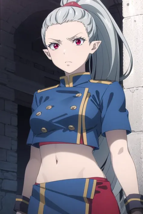 kemonorose, <lora:kemono rose s1-lora-nochekaiser:1>,
rose, long hair, (red eyes:1.3), very long hair, ponytail, grey hair, pointy ears, high ponytail,
BREAK skirt, gloves, navel, midriff, uniform, crop top, military, military uniform, blue jacket, side slit, long skirt,
BREAK outdoors, forest,
BREAK looking at viewer, (cowboy shot:1.5), dynamic pose,
BREAK <lyco:GoodHands-beta2:1>, (masterpiece:1.2), best quality, high resolution, unity 8k wallpaper, (illustration:0.8), (beautiful detailed eyes:1.6), extremely detailed face, perfect lighting, extremely detailed CG, (perfect hands, perfect anatomy),