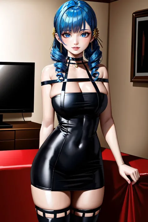 photorealistic, octane render, best quality, 1girl, skinny, petite, narrow waist, long hair, (french twist hair, Iridescent rainbow hair:1.1), brown eyes, huge breasts, black dress, short skirt, black thighhighs, hair ornament, armband, choker, jewelry, standing, thighs, makeup, smile, looking at viewer, sharp focus, (8k), (4k), (Masterpiece), (Best Quality), realistic skin texture, extremely detailed, intricate, hyper detailed, illustration, soft lighting, high resolution, sharp detail, vivid, colorful, indoors, living room, flat screen television, detailed background,  <lora:add_detail:0.6> <lora:YorBlackDress:0.85>