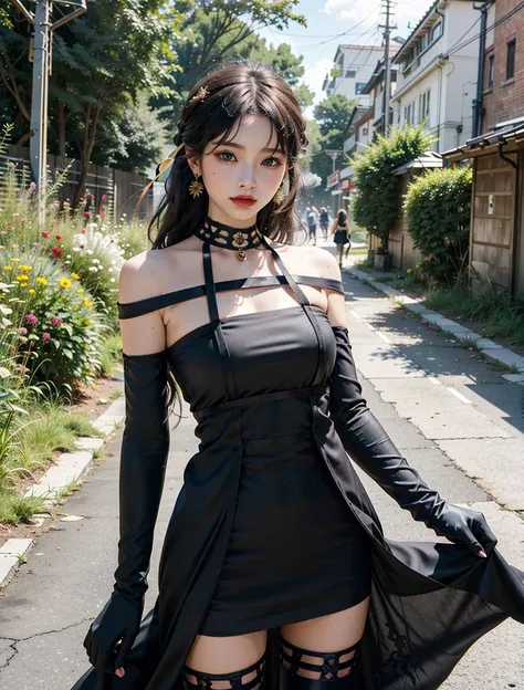 (ultra realistic 8k CG:1.2),perfect artwork,delicate pattern,
(intricate detail,extremely intricate:1.2),70mm telephoto lens,
-------------------------------
(ulzzang6500V),(idol),(detailed clothes features),Exquisite Makeup,
(1girl,solo:1.2),woman,girly,bright eyes,(detailed eyes),(wet skin,nsfw:1.1),
(absurdly long hair:1.4),Floating hair,wind,gale,hair accessories,
-------------------------------
(silk Ribbon in front:1.3),earrings,filigree,detached sleeves,wide sleeves,
(see through clothes,translucent clothes,armlet:1.2),(revealing clothes),jewelry,
(cleavage,bare shoulder,strapless,Simple Choker,tube dress,no bra:1.1),
-------------------------------
(outdoors,sky,Leaves and plant in front:1.2),
-------------------------------
(black dress,black thighhighs,black gloves:1.3),<lora:YorBlackDress:1:fz5>