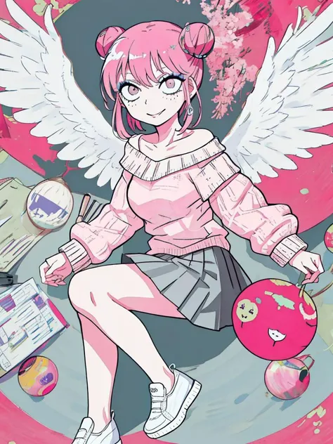 <lora:teradatera-11:0.3>, <lora:teradatera-07:0.7>, anime, thick line drawing, 1girl, full body, masterpiece, high quality, white skin, round face, light smile, detailed eyes, (pink eyes:1.1), pink eyeshadow, eyeliner, mascara, pink eyebrows hidden by hair, detailed hair, pink hair+double bun+absurdly short side hair, flat chest, pink sweater+off shoulder+knit sweater, gray skirt+pleated miniskirt, white feathered wings+low wings,