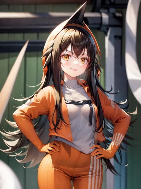 masterpiece, best quality, <lora:kaf3-5:1>, orange_clothes, little_smile, hand_on_hips, solo,