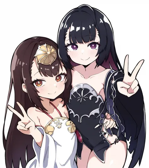 2girls,simple background,white background,looking at viewer,smile,cowboy_shot,v,front view,
,long hair,tsukuyomi(sv),black hair,
,:amaterasu(sv),short hair,brown hair,brown eyes,<lora:tsukuyomi(sv):0.7>,<lora:amaterasu(sv):0.7>, masterpiece, best quality, very aesthetic, absurdres