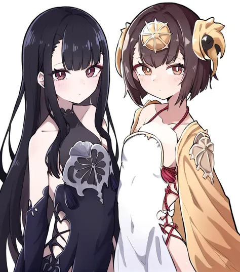 2girls,simple background,white background,looking at viewer,cowboy_shot,front view,
,long hair,tsukuyomi(sv),black hair,
,:amaterasu(sv),short hair,brown hair,brown eyes,<lora:tsukuyomi(sv):0.7>,<lora:amaterasu(sv):0.7>, masterpiece, best quality, very aesthetic, absurdres