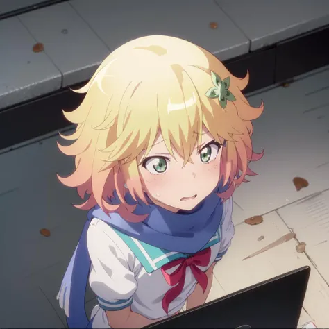 (masterpiece, best quality),1girl,<lora:tapris:0.8>, tapris sugarbell chisaki, from above, gym uniform, on the floor, serafuku, scarf, embarrassed, blush, looking at viewer