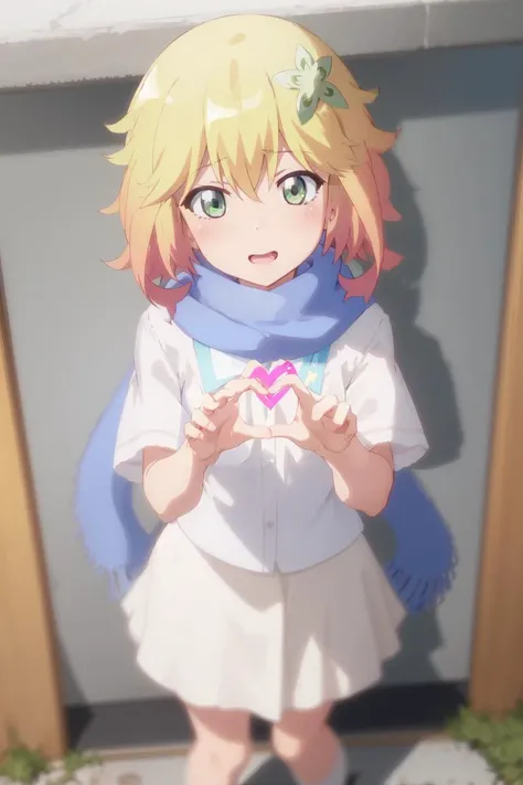 (masterpiece, best quality),1girl,<lora:tapris:0.8>, tapris sugarbell chisaki, from above, ((white shirt)), skirt, scarf, happy, blush, looking at viewer, heart sign with hands