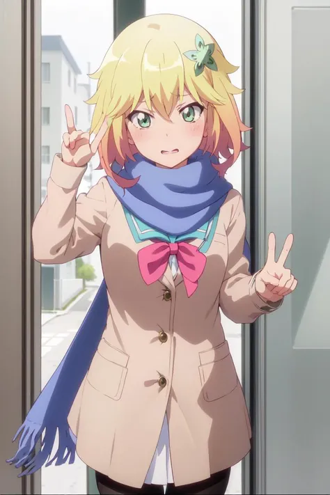 (masterpiece, best quality),1girl, <lora:tapris:0.8>, tapris sugarbell chisaki, school uniform, serafuku, scarf, v sign, embarrassed, blush, looking at viewer, black pantyhose