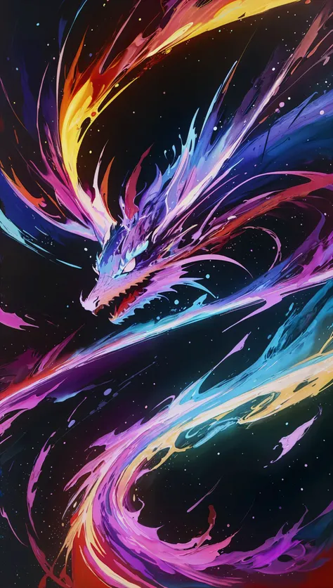 Mythical Chromosphere: An abstract representation of a dragon amidst a chromatic explosion of colors and shapes, symbolizing its elemental powers. The artist's use of bold contrasts and pastel hues adds a sense of adorableness and majesty to the dragon, colorful and abstract expressionist painting, pastel colors , chaos