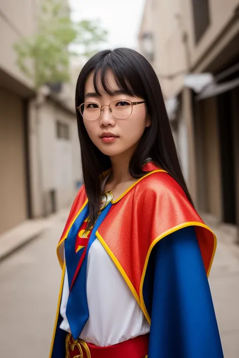 a stunning intricate full color portrait of a 25 years old shy Korean woman, Superhero costume and a cape, within a desolate backstreet, funny, Sharp Focus, low key lighting, shot on Lumix GH5, cinematic bokeh, detailed skin, sunglasses