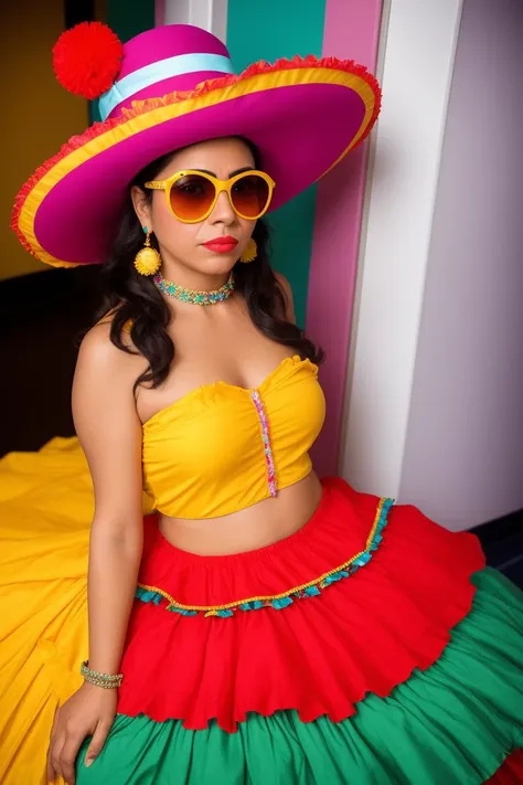 a stunning intricate full color portrait of a 37 years old shy Mexican woman, Clown costume and oversized shoes, aboard a busy cruise ship, bored, bounced lighting, dreamy haze, detailed skin, skin blemish, sharp focus, shot on HOLGA 120n, Lomochrome color film, sunglasses