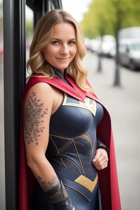 a stunning intricate full color portrait of a 37 years old very beautiful Finnish woman, Superhero costume and a cape, near a crowded bus stop, naughty smile, Sharp Focus, low key lighting, shot on Lumix GH5, cinematic bokeh, detailed skin, tattoos