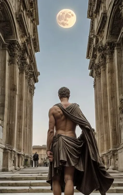 [Official Roman Empire] photo of an ((Roman Caesar with a blue supermoon behind him))(phi golden ratio composition)BREAK [sombre occult Roman palace setting], [government ceremony], [pomp in abundance] (SURREALISTIC lighting) BREAK [low camera angle], [large format bellows camera with telephoto lens], in the style of [Architecture Digest magazine]<lora:MoreDetails:1> <lora:BetterHands:2>