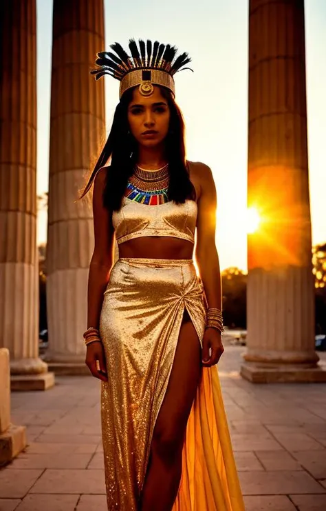 [Celebrity] photo of a [Druid high priestess in costume and headdress], [27 yo tall beautiful woman], [entering a ceremony], [elite woman], [Egyptian Temple of Isis at sunset], [dusk movie lighting], [dramatic camera angle], [medium format bellows camera], in the style of [Jerry Bruckheimer][post-processing: oversharpen, expert dodge and burn, ISO 400 color film noise, corner darken vignette]