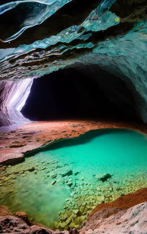 floor level photo within Naica Crystal Cave in Mexico, asymmetric cave viewing the largest most spectacular crystals in many colors,  rustling waters after heavy rainfall [rushing  underground waters] [perfect natural lighting conditions] with a feeling of splendor and humility [long exposure on wide format bellows camera] [rays of sunshine on the crystal cave floor] [surreal beauty] with true film high dynamic range award winning, legacy artwork, 8k [post-processing: adjust curves to "S", unsharp mask .25, dodge and burn, dark edge vignette]