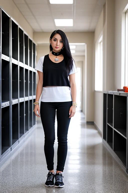 hyper realistic full-body five foot eight inches tall high school senior female with olive skin, wearing a white t-shirt, short black hair, , black choker around the neck, black jeans, and black sneakers standing in front of a locker in a hallway